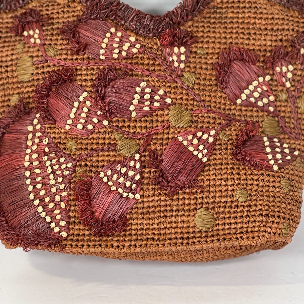 Jamin Puech Raffia Woven Tote Bag Embroidered Floral Pattern Leather Handles - Picture 5 of 15